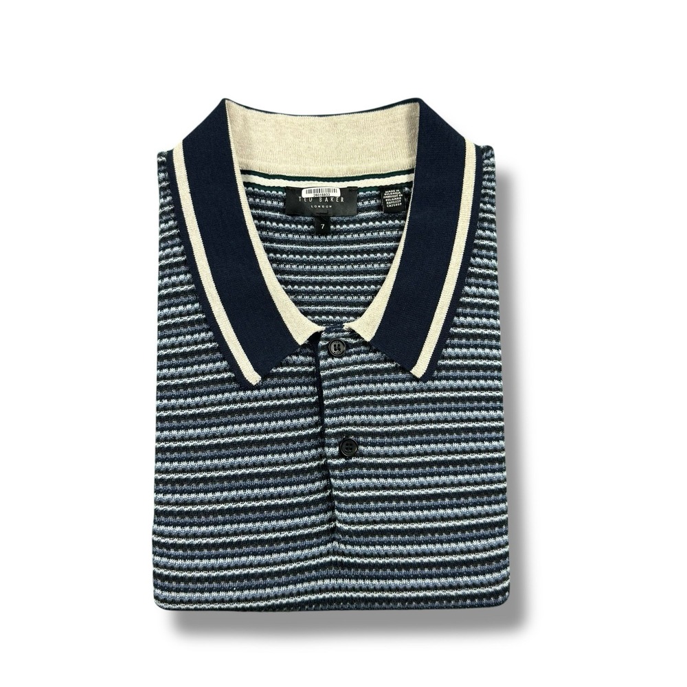 Ted Baker London Blue Radwint Textured-Striped Cotton Blend Polo Shirt Mens 7